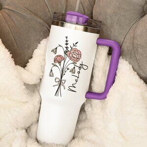 Personalized Floral Tumbler with Name, Custom 40oz Mug with Handle & Straw